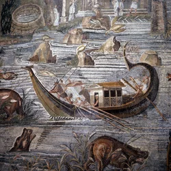 Barco fluvial del siglo I a.C. (detalle) del mosaico de Palestrina. El timón está en la popa y es doble. Este mosaico proviene del Templo de la Fortuna y se conserva en el Palacio Barberini