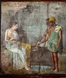 Arte romano: «Dánae y su hijo Perseo son encontrados por unos pescadores en la playa de Sérifos» - Fresco procedente de Pompeya, tercer estilo, dimensiones: 67 x 63 cm - Museo Arqueológico Nacional, Nápoles