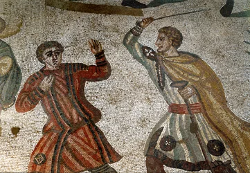 Arte romano: detalle del mosaico «La gran caza». Un aristócrata romano castiga a uno de sus esclavos con un palo. 315-350 d. C. Piazza Armerina, Villa Romana del Casale