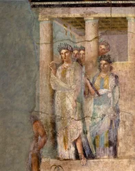Arte romano: «Ifigenia en Táuride». Fresco atribuido al Maestro de Lucrezio Frontone. Siglo I. Procedente de Pompeya. Dimensiones: 118 x 81 cm. Nápoles, Museo Archeologico Nazionale.