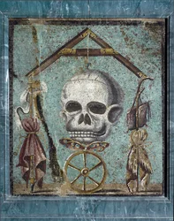 Memento mori, símbolos de vida y muerte. Mosaico de Pompeya. 2º estilo. Dim. 47x41 cm Museo Arqueológico Nacional, Nápoles