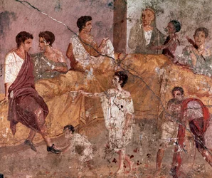 Arte romano: «Escena de banquete al aire libre» (Banquete al aire libre), fresco romano de la Casa del Triclinium, Pompeya (Fresco de la Casa del Triclinio, Pompeya), 40-60 d. C.