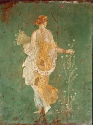 Arte Romano: Primavera, Flora recogiendo flores. Fresco de la villa de Varano en Stabiae, cerca de Pompeya. 15 a.C.-60 d.C. Museo Archeologico Nazionale, Nápoles - Arte romano: Primavera, Flora recogiendo flores. Fresco de la villa de Varano en Stabiae