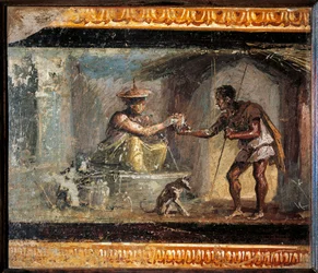 Arte romano: «El viajero y la maga». Fresco romano de la Villa dei Dioscuri en Pompeya. Siglo I d. C. Conservado en el Museo Arqueológico Nacional de Nápoles. Mujer que ofrece una bebida a un viajero, en
