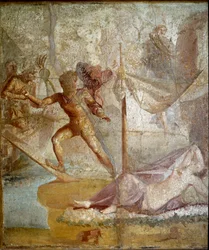 Arte romano: «Teseo abandona a Ariadna». Fresco romano procedente de Pompeya. Siglo I d. C. Nápoles, Museo Archeologico Nazionale
