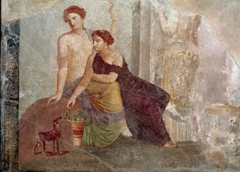 Arte romano: "Dos mujeres jugando con una cabra" Fresco del siglo I a.C. París, Museo del Louvre