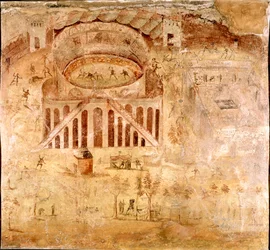 Arte romano: lucha violenta entre los habitantes de Nocera y los pompeianos en el anfiteatro de Pompeya en 59 d.C. (detalle)