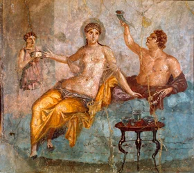 Arte romano: escena de banquete, un joven y una cortesana. Fresco romano del 4.º estilo pompeyano procedente del yacimiento de Ercolano (Herculanum o Herculaneum), 60-80 d. C. Dimensiones 65 x 66 cm. Presentado en el Museo Nacional. Escuela flamenca