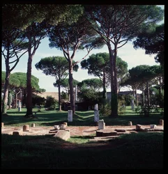 Arte romano: vista de las ruinas del macellum (Plaza del Mercado) sitio arqueológico de Ostia