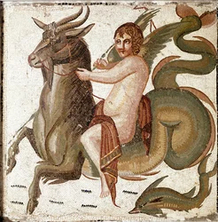 Arte romano: «Cupido cabalgando una criatura marina». Mosaico procedente de una villa de la familia del emperador Septimio Severo. Finales del siglo II d. C. Roma, Museo Nazionale Romano