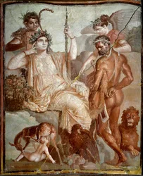 Arte romano: «Heracles encuentra a su hijo Télefo (Telephus) en las montañas de Arcadia». Fresco romano procedente del yacimiento de Herculano (Ercolano), 70 d. C. Dimensiones: 216x185 cm. Nápoles, Museo Archeologico Nazionale