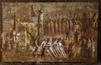 Arte romano: «Tabula Iliaca», entrada del caballo de Troya. Los troyanos arrastran el caballo hacia las murallas mientras Casandra intenta oponerse. Fresco de Pompeya. Nápoles, Museo Archeologico Nazionale