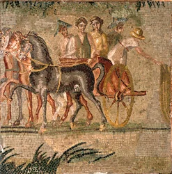 Arte romano: Carrera de carros en la antigüedad. Mosaico del siglo III