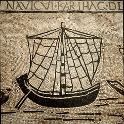 Arte romano: barco de carga. Mosaico del siglo III d.C. Ostia, Piazzale delle Corporazioni. Italia