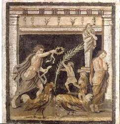 Arte romano: pelea de gallos en una palestra en presencia de las personificaciones de la Derrota y la Victoria. Mosaico de la Villa del Laberinto de Pompeya. Segundo estilo. Dimensiones: 46x42 cm. Museo Arqueológico Nacional, Nápoles