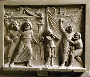 Arte romano: escena de teatro cómico de la obra «Andria» de Terencio (Publio Terencio Africano) (185-159 a. C.), relieve de Pompeya - Museo Archeologico Nazionale, Nápoles