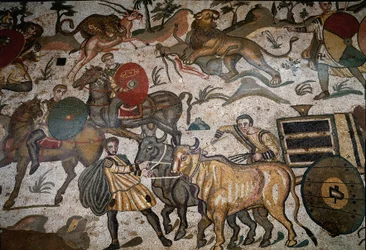 Arte romano: detalle del mosaico "La gran partida de caza" Carro tirado por bueyes. 315-350 d.C. Piazza Armerina, Villa Romana del Casale