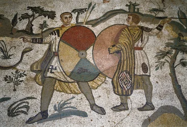 Arte romano: (detalle) del mosaico "La gran partida de caza". Cazadores con grandes escudos. 315-350 d.C. Piazza Armerina, Villa Romana del Casale