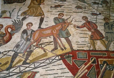 Arte romano: detalle del mosaico “La gran cacería” Gacelas son cargadas en barcos. 315-350 d.C. Piazza Armerina, Villa Romana del Casale