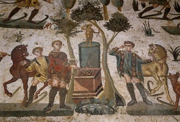 Arte romano: detalle del mosaico "La pequeña caza"