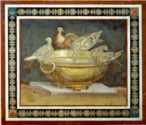 Arte romano: cuatro palomas bebiendo de una fuente. Mosaico procedente de Villa Adriana, o Villa de Adriano, o Villa Hadrienne, en Tívoli. Siglo II d. C. Roma, Museos Capitolinos