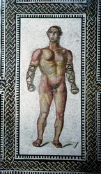 Arte romano: gladiador. Mosaico de pavimento de las Termas de Caracalla. 212 d. C. Roma, Museo Nazionale Romano (o delle Terme).