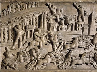 Arte romano: bajorrelieve que representa carreras de carros en el Circo Máximo en Roma. Siglo II d.C. Roma, Museo de la Civilización Romana
