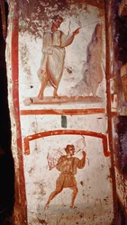 Arte romano: milagro de la fuente y milagro de la guerra del paralítico. Frescos. Finales del siglo III d.C. Roma, catacumbas de San Marcelino y Pedro