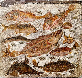 Arte romano: mosaico que representa peces. Siglo I o II d. C. Procedente de la Villa dei Settimii en la Via Cassia. Roma, Museo Nazionale Romano