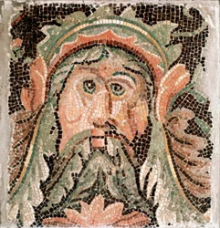 Arte romano: mosaico que representa la cabeza de una divinidad marina. Siglo III d. C. Roma, Museo Nazionale Romano
