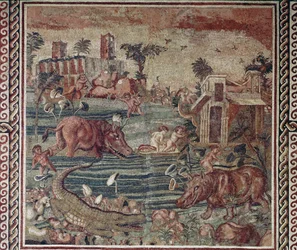 Arte romano: mosaico de paisaje del Nilo de una villa en la colina del Aventino, Roma siglo I-II d.C. Roma, Museo Nazionale Romano en Palazzo Massimo, Inv 171