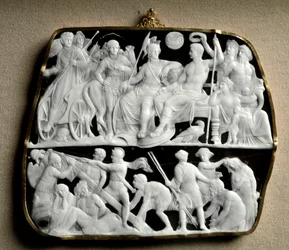 Arte romano: camafeo de ónix hecho por el escultor Dioscúrides en dos niveles. Arriba, el emperador Augusto (63 a.C.-14 d.C.), rodeado de dioses mitológicos, da la bienvenida a su sucesor Tiberio (42 a.C. - 37 d.C.)