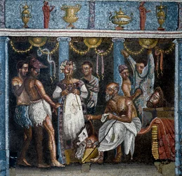 Arte romano: preparativos para un drama satírico. Mosaico. 70 d. C. Procedente de Pompeya, Casa del Poeta Tragico. Dimensiones: 58x59 cm. Nápoles, Museo Archeologico Nazionale