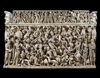 Arte romano: escena de batallas entre guerreros romanos y bárbaros durante las guerras marcomanas. Relieve del llamado sarcófago de Portonaccio de un general de Marco Aurelio. 180-190. Roma, Museo Nazionale Romano (o delle Terme)