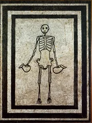 Arte romano: esqueleto sosteniendo dos jarras. Mosaico del siglo I procedente de Pompeya. Museo Arqueológico Nacional, Nápoles, Italia