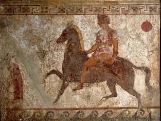 Jinete samnita. Pintura de tumba del siglo IV a.C., del sitio de Paestum, Italia. Fresco. Museo Arqueológico Nacional, Nápoles