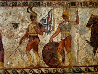 Guerreros samnitas. Pintura funeraria del siglo IV a. C., procedente del yacimiento de Paestum, Italia. Dimensiones: 112x199 cm. Inv. 9363. Museo nazionale archeologico, Nápoles (Museo Arqueológico de Nápoles).