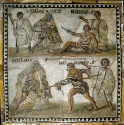 Escena de combates de gladiadores, entre un retiario y un secutor, siglo IV