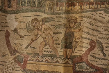 Pórtico semicircular, mosaico de piso, Villa Romana del Casale, Piazza Armerina, Sicilia, Italia