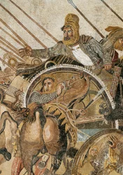 La batalla de Issos ganada por Alejandro III el Grande contra Darío (Darius) III Codomano (335 - 331 a. C.). Mosaico de Pompeya. Detalle. Museo Archeologico Nazionale, Nápoles. (De Pompeya, Casa del Fauno)