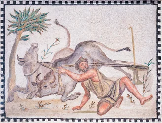 El labrador con bueyes, siglos III-IV (mosaico)