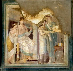 Escena de tocador y vestimenta de una dama: esclavos peinan a una joven. De Herculano (Fresco)