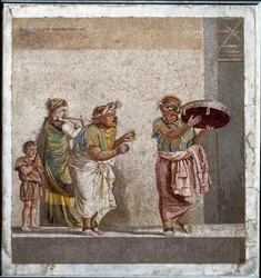 Músicos itinerantes dedicados al culto de la divinidad Cibeles. Mosaico después del original de Dioscórides de Samos (siglo II a.C.) en la casa de Cicerón en Pompeya
