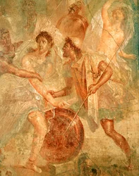 Ulises y Diomedes reconociendo a Aquiles disfrazado de la mujer Pirra entre las Hijas de Licomedes en Skyros, de Pompeya