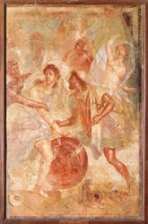 Ulises y Diomedes reconociendo a Aquiles disfrazado de la mujer Pirra entre las Hijas de Licomedes en Skyros, de Pompeya