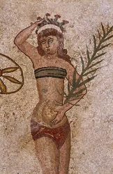 Jóvenes romanos en ejercicios físicos. Mosaico romano del siglo III-IV de Villa del Casale, Piazza Armerina