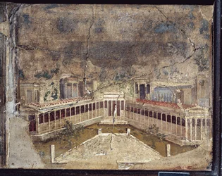 Antiguo fresco romano con temas arquitectónicos de Pompeya