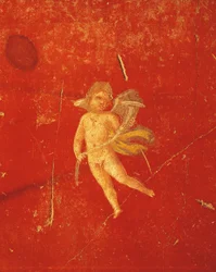 Querubín en fondo rojo pompeyano, fresco en Cuarto Estilo Pompeyano, de la Casa de Pinario Ceriale, Pompeya , Campania, Civilización Romana