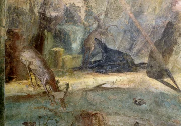 Ciervo atacado por un perro, detalle de Acteón devorado por sus perros, fresco de la Casa de Menandro, Pompeya (Lista del Patrimonio Mundial de la UNESCO