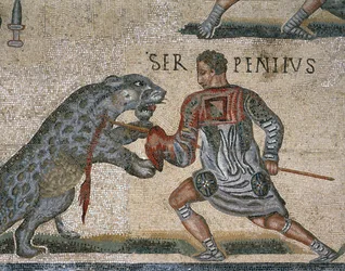 Detalle de un mosaico de una pelea de gladiadores, originalmente de Torre Nuova